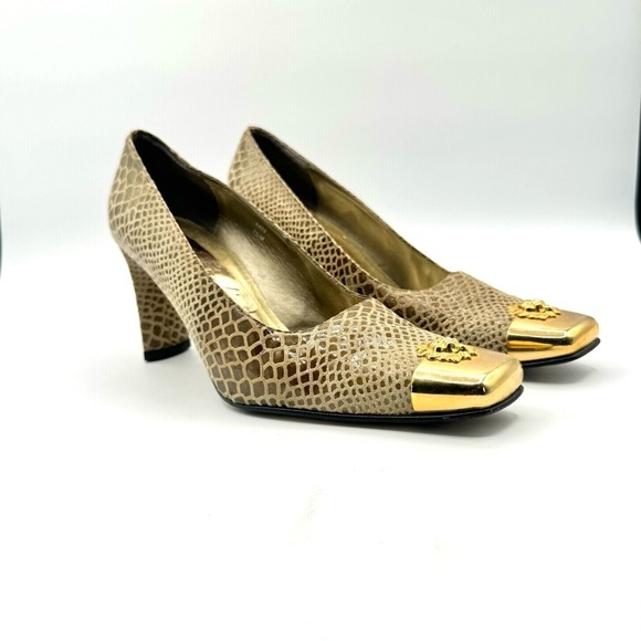 VINTAGE RAQUEL’S ANIMAL PRINT GREEN LEATHER HEEL SQUARE TOE GOLD MEDUSA HEAD 7.5 - Picture 14 of 14